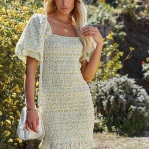 VICI- Abbi Cotton Floral Smocked Puff Sleeve Dress - Yellow